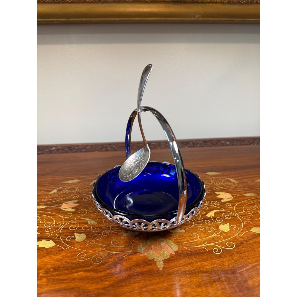 Vintage Cobalt Blue Jam Dish with Silver Plate Holder & Spoon - Picture 12 of 17